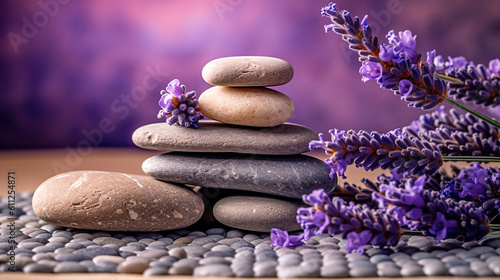 Spa still life with stack of stones and lavenders. Generative Ai