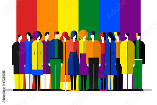 People standing together in the background of rainbow pride flag colours. Pride month celebration concept