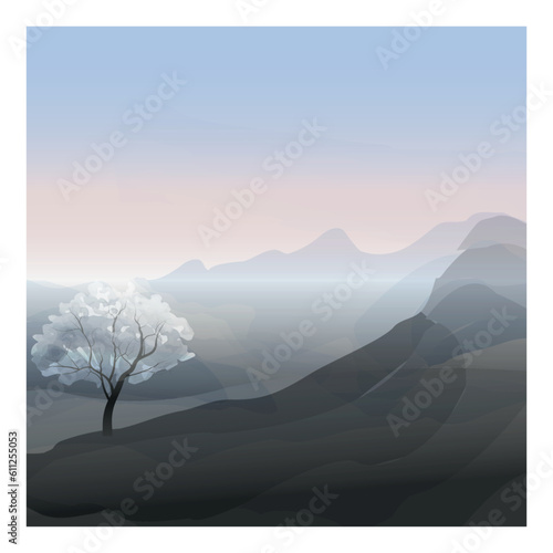 Mountain landscape vector. Spring view. A tree is blossoming. Calming minimal background. 