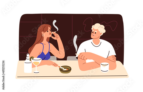 Couple smoking, sitting at bar table. Young man and woman with cigarettes, talking, relaxing in cafe on date. Addicted people, smokers friends. Flat vector illustration isolated on white background