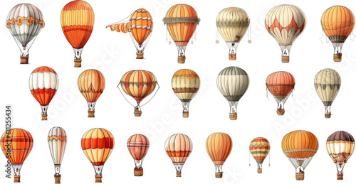 Colorful vintage hot air balloons, adventure vehicles white background