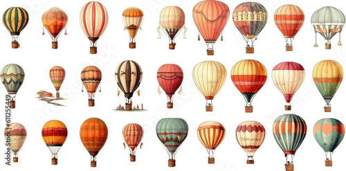 Colorful vintage hot air balloons, adventure vehicles white background