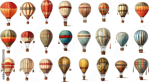 Colorful vintage hot air balloons, adventure vehicles white background