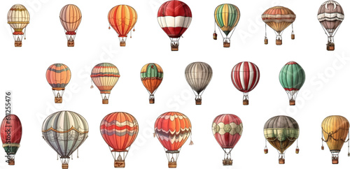 Colorful vintage hot air balloons, adventure vehicles white background