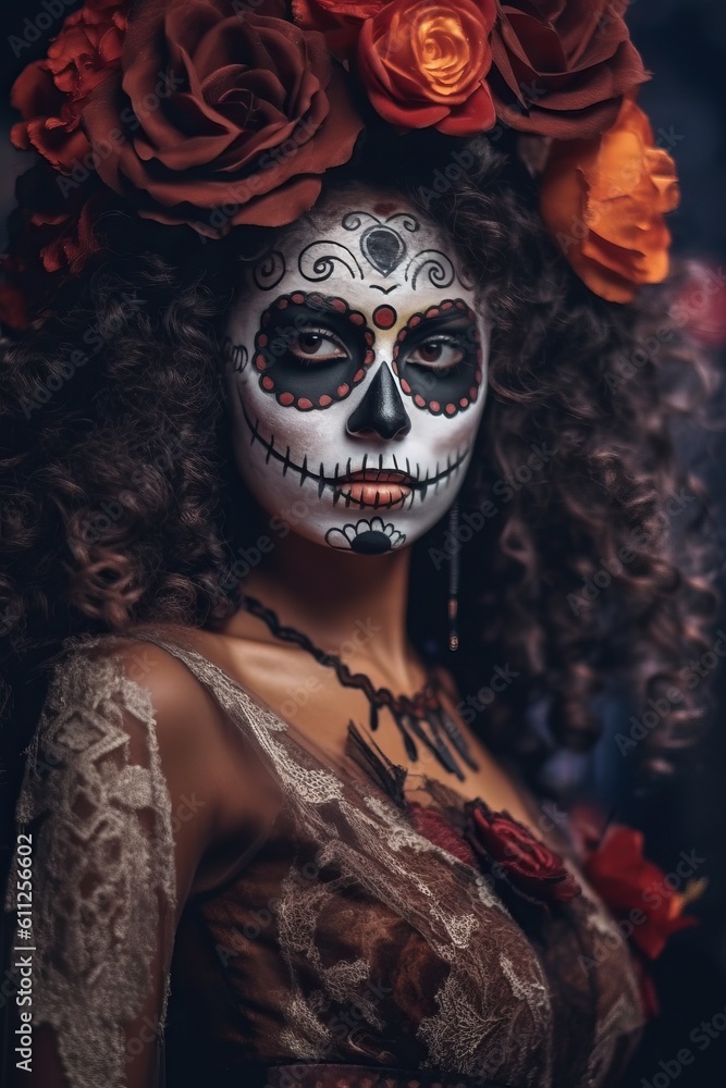 Portrait woman with sugar skull make up made with Generative AI Portrait woman with sugar skull make up made with Generative AI