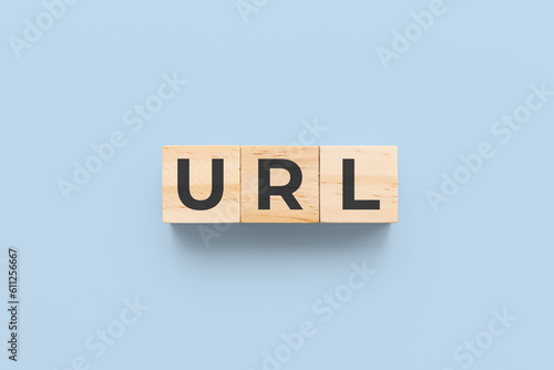 URL (Uniform Resource Locator) wooden cubes on blue background