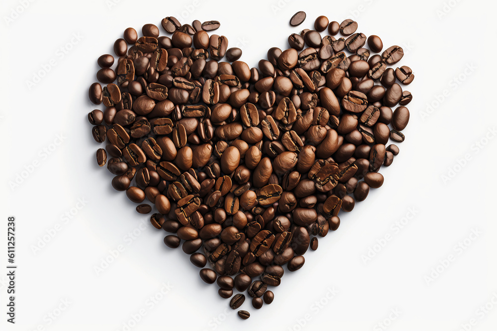 Ai generated illustration Heart shape of roasted coffee beans isolated on a white background. Ai generated illustration Heart shape of roasted coffee beans isolated on a white background.