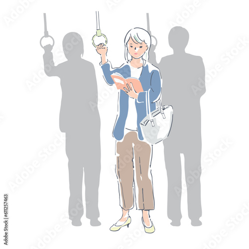 電車の中で勉強や読書をする女性のイラスト