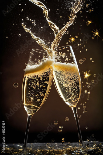 Ai generated illustration Two glasses of champange on dark background