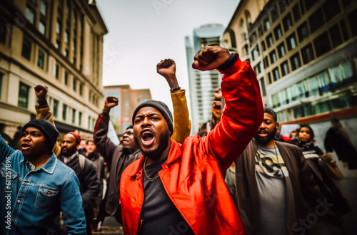 Black protestors with raised fists walking in the streets. Concept of protesting, rights, freedom and marching or strike. Shallow field of view. Illustrative generative AI. Not real people.