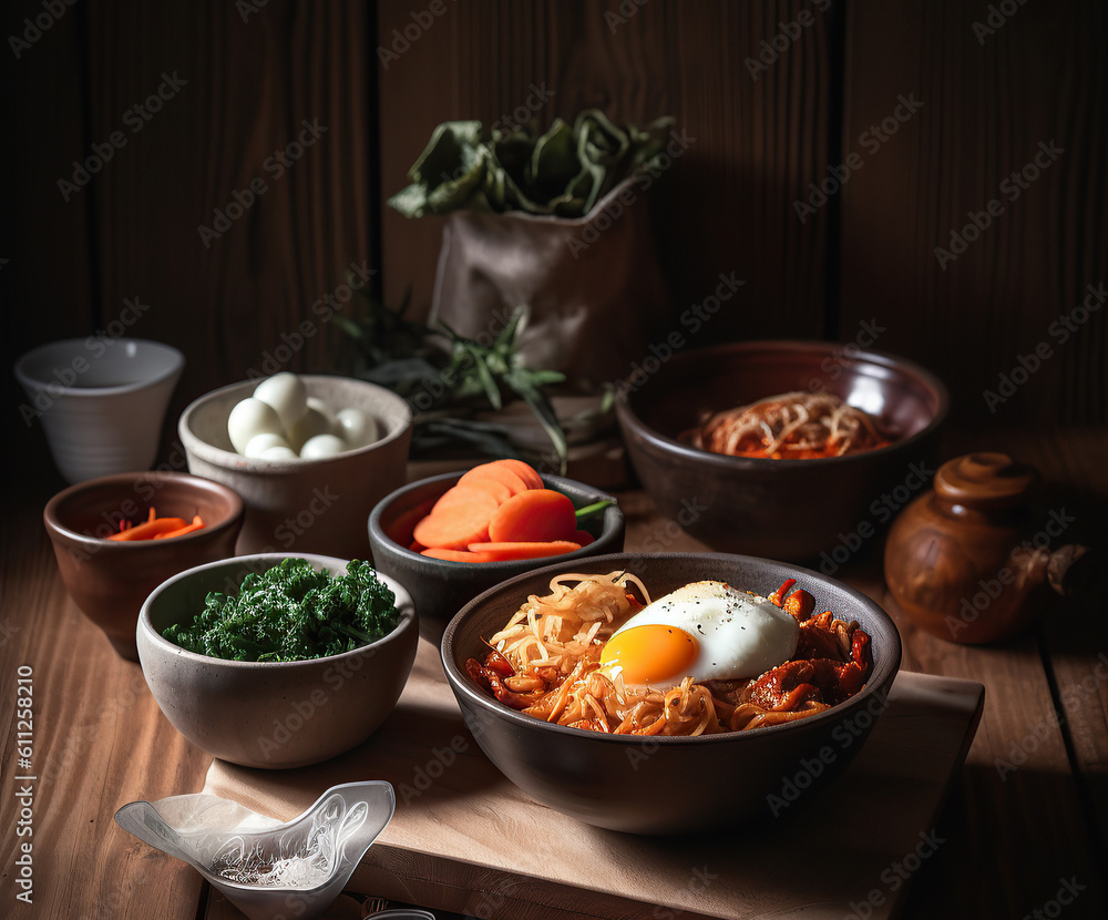 Ai generated illustration Tasty Bibimbap, Korean spicy salad with rice and fried egg Ai generated illustration Tasty Bibimbap, Korean spicy salad with rice and fried egg