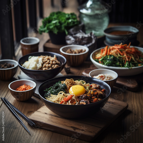 Ai generated illustration Tasty Bibimbap, Korean spicy salad with rice and fried egg