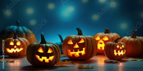 Happy halloween with pumpkin jack o lanterns with leaf made with Generative AI