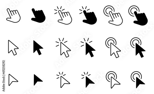 Mouse cursor and click icons set, Hand pointer and arrow click symbols, Vector illustration