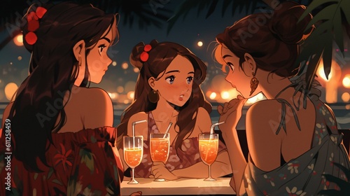 Lofi Girls drinking cocktail on a beach bar, anime illustration background design, Generative AI