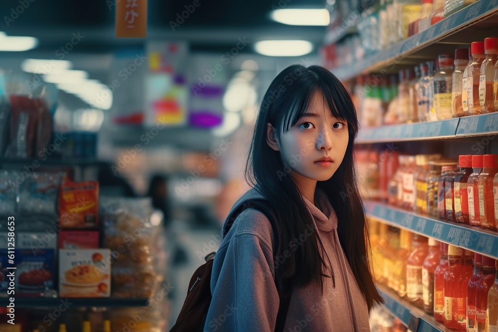 under dim light of supermarket department stores A young Asian girl stands in front of a shelf and browses the available products.;Generated with AI