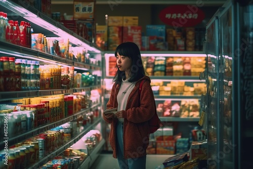 under dim light of supermarket department stores A young Asian girl stands in front of a shelf and browses the available products.;Generated with AI