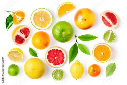 Lemon, lime, grapefruit, tangerine, clementine and orange citrus fruits set isolated.