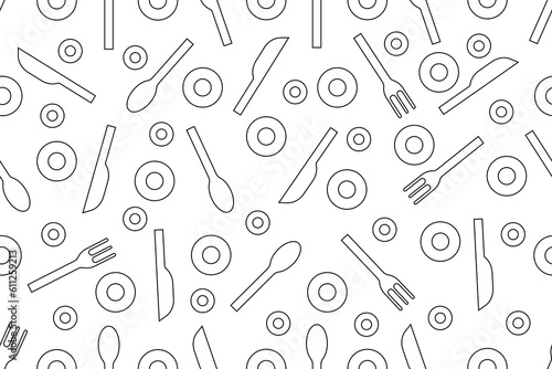 Hand drawn seamless pattern with spoon, knife, fork and plate. Line art Kitchen Cutlery endless ornament. Tableclothe print. Vector illustration.