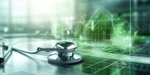 Overlay of stethoscope and electrocardiogram on background of light green technology laboratory with light blue tints