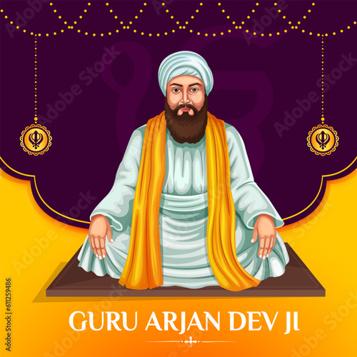 Vector illustration of Guru Arjan Dev. Celebrates the Jayanti birth of the fifth Sikh Guru, a religious festival of Sikh. EPS 10 editable vector.