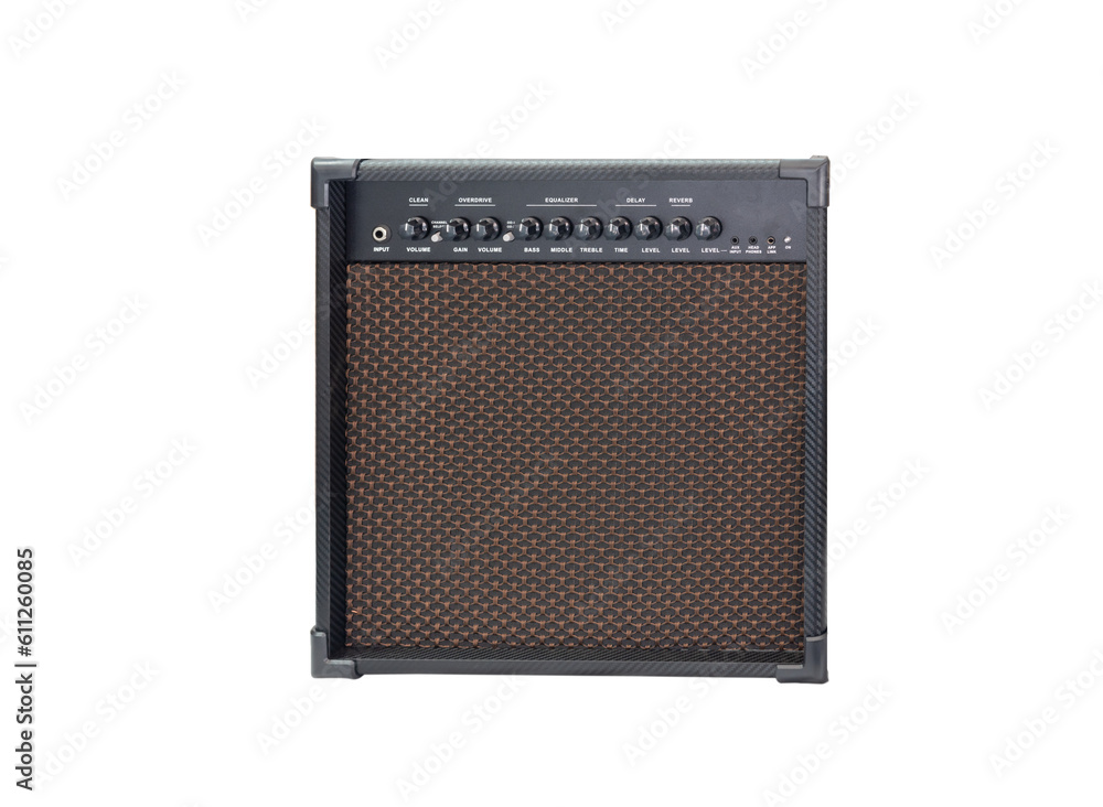 guitar amplifier isolated on white background, clean and overdrive chanel with EQ and delay and reverb effect. front view guitar amplifier isolated on white background, clean and overdrive chanel with EQ and delay and reverb effect. front view