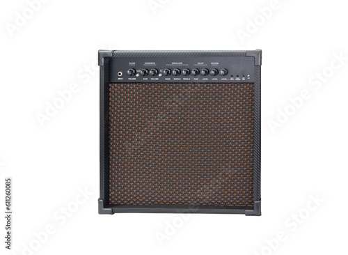 guitar amplifier isolated on white background, clean and overdrive chanel with EQ and delay and reverb effect. front view