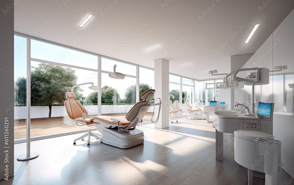Modern dental clinic with large stations and lots of light. Ai generative.