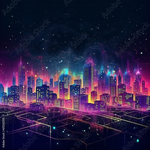 Sketch of illuminated city by night. 3D illustration digital art design, generative AI © Grafvision