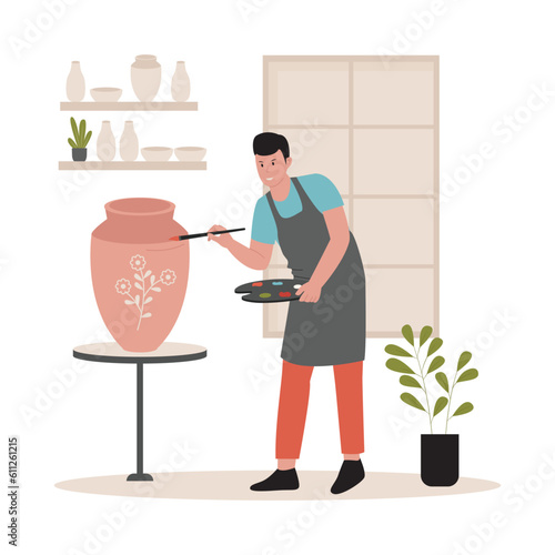 Artist coloring clay pottery. Illustration for website, landing page, mobile app, poster and banner. Trendy flat vector illustration