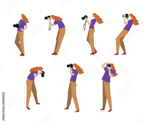 Photo shooting, Photographer woman making photo using camera. Vector Illustration, clip art, cartoon.