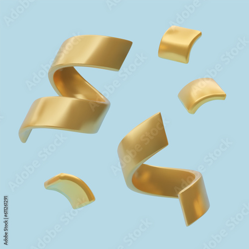 Realistic 3d gold confetti curly ribbons festive elements set three dimensional vector illustration