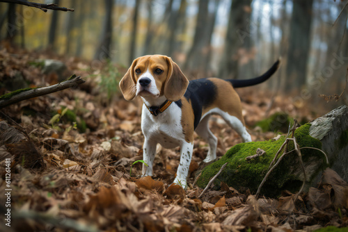 Beagle dog in autumn forest. 3D illustration digital art design, generative AI
