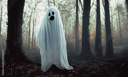 white ghost haunting with a colored background. Halloween concept