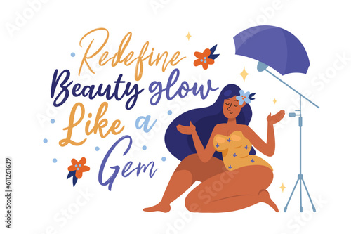 Body positive plus size photo model concept with woman scene in the flat design. The plus-size model is not ashamed to be photographed in a swimsuit. Vector illustration.