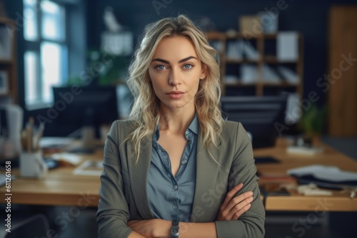 Confident western woman in formal dress standing on table with arms folded Looking straight at the camera in a modern office environment;Generated with AI