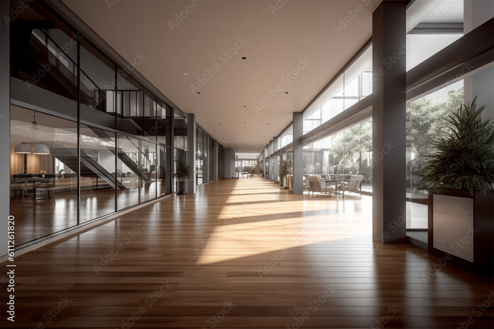 
an office with wood desks and glass walls, in the style of high detailed, grey academia, wood, photo-realistic landscapes, vintage minimalism, light silver and light brown