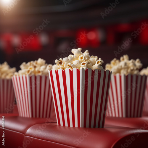 Box of popcorn on cinema chair. 3D illustration digital art design, generative AI