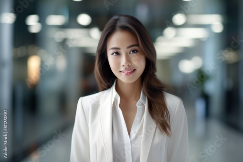 A professional Asian woman shows confidence in her stylish white formal dress as she smiles with confidence. ;Generated with AI