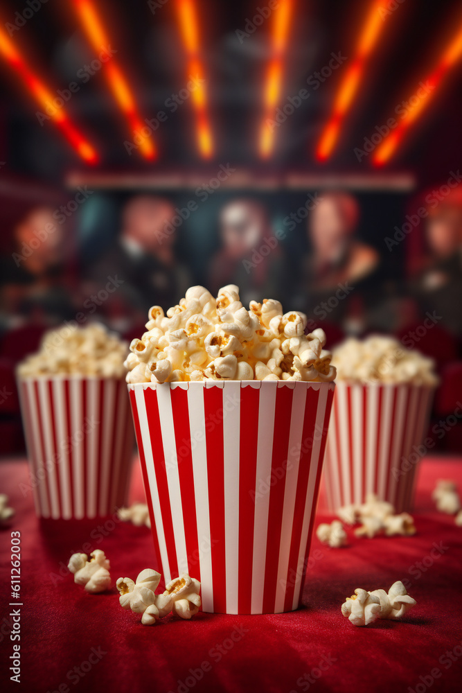 Cinema background with popcorn. 3D illustration digital art design, generative AI Cinema background with popcorn. 3D illustration digital art design, generative AI