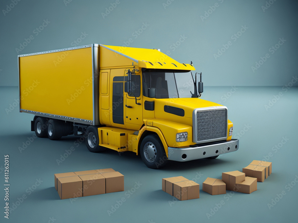 3d rendering of a yellow truck with boxes on the floor. Trucking Concept. 3d rendering of a yellow truck with boxes on the floor. Trucking Concept.
