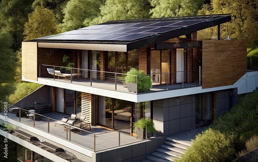 Fototapeta premium solar panels placed on balcony of modern residential house. Ai generative