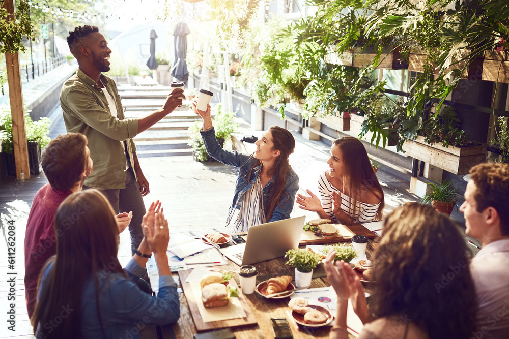 Applause, restaurant and happy business people in lunch meeting for