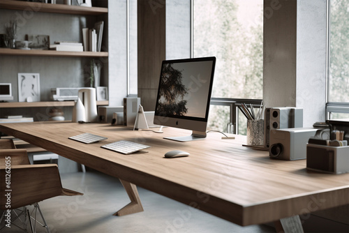 
an office with wood desks and glass walls, in the style of high detailed, grey academia, wood, photo-realistic landscapes, vintage minimalism, light silver and light brown