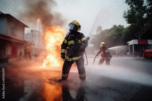 firefighter training., fireman using water and extinguisher to fighting with fire flame in an emergency situation., under danger situation all firemen wearing fire fighter suit for safety, generative 