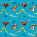 Seamless pattern of butterfly, caterpillar, ladybug and dragonfly. Hand drawn Watercolor illustration. Hand painted insects on blue background.
