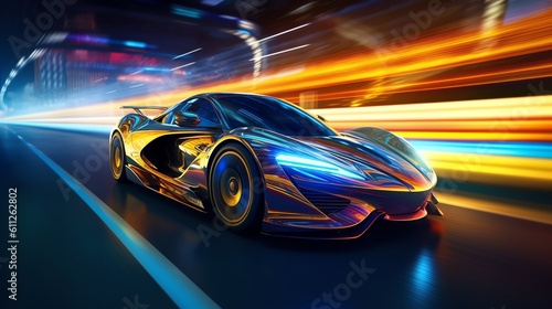 Abstract futuristic racing sportscar on neon background © vladzelinski