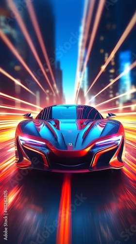 Abstract futuristic racing sportscar on neon background