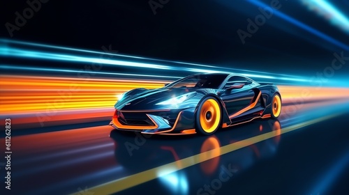 Abstract futuristic racing sportscar on neon background