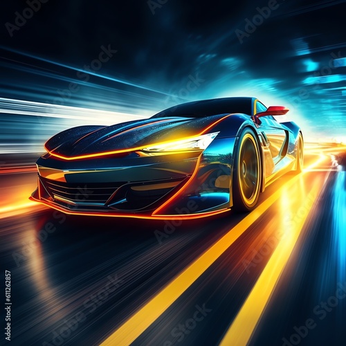 Abstract futuristic racing sportscar on neon background © vladzelinski